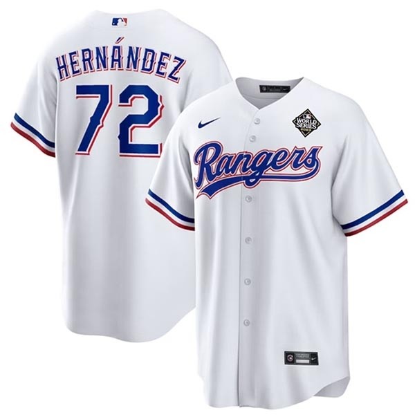 Men's Texas Rangers #72 Jonathan Hernandez White 2023 World Series Stitched Baseball Jersey