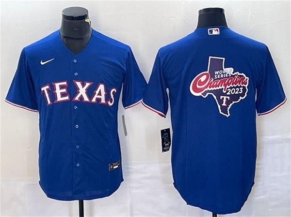 Men's Texas Rangers Royal 2023 World Series Champions Big red Logo Cool Base Stitched Baseball Jersey