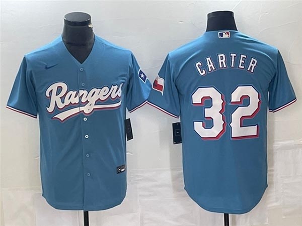 Men's Texas Rangers #32 Evan Carter Light Blue Cool Base Stitched Baseball Jersey