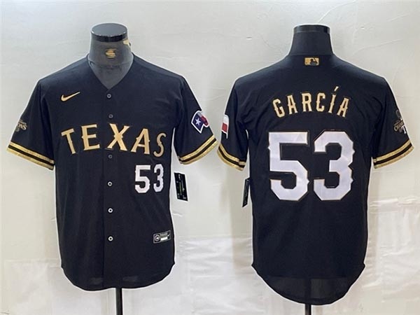 Men's Texas Rangers #53 Adolis Garcia Black Gold Fashion Jersey