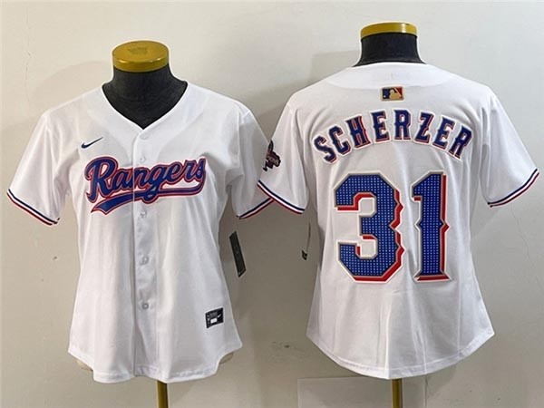 Women's Texas Rangers #31 Max Scherzer White 2024 Gold Collection Limited Jersey