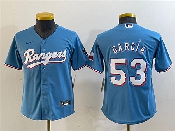 Youth Texas Rangers #53 Adolis Garcia Light Blue Cool Base Jersey