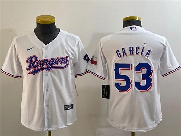 Youth Texas Rangers #53 Adolis Garcia White Cool Base Jersey