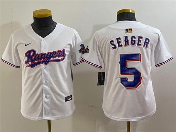 Youth Texas Rangers #5 Corey Seager White 2024 Gold Collection Limited Jersey