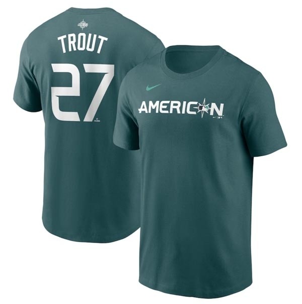 Men's Los Angeles Angels #27 Mike Trout Teal 2023 All-Star Name & Number T-Shirt