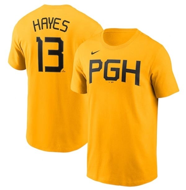 Men's Pittsburgh Pirates #13 Ke'Bryan Hayes Gold 2023 City Connect Name & Number T-Shirt