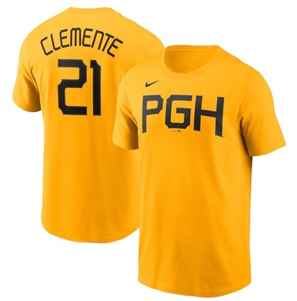 Men's Pittsburgh Pirates #21 Roberto Clemente Gold 2023 City Connect Name & Number T-Shirt