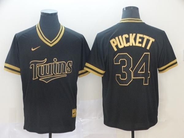 MLB Minnesota Twins #34 Kirby Puckett Black Gold Nike Cooperstown Collection Jersey