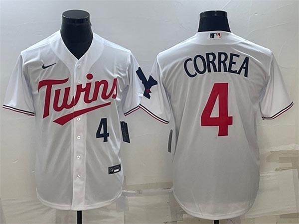 Men's Minnesota Twins #4 Carlos Correa White with front number Cool Base Stitched Jersey