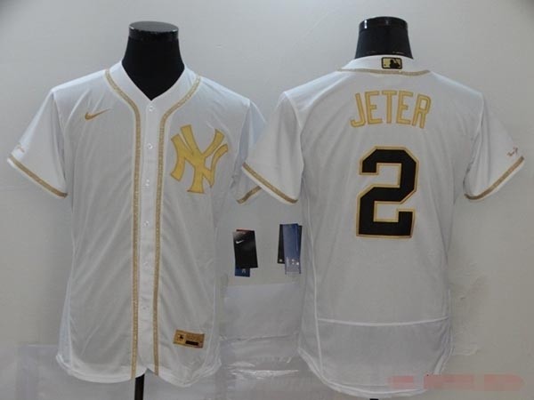 MLB New York Yankees #2 Derek Jeter White Gold Nike Flexbase Jersey