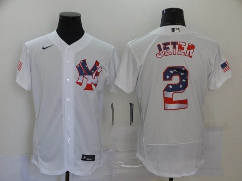 MLB New York Yankees #2 Derek Jeter White American Flag Nike Flexbase Jersey