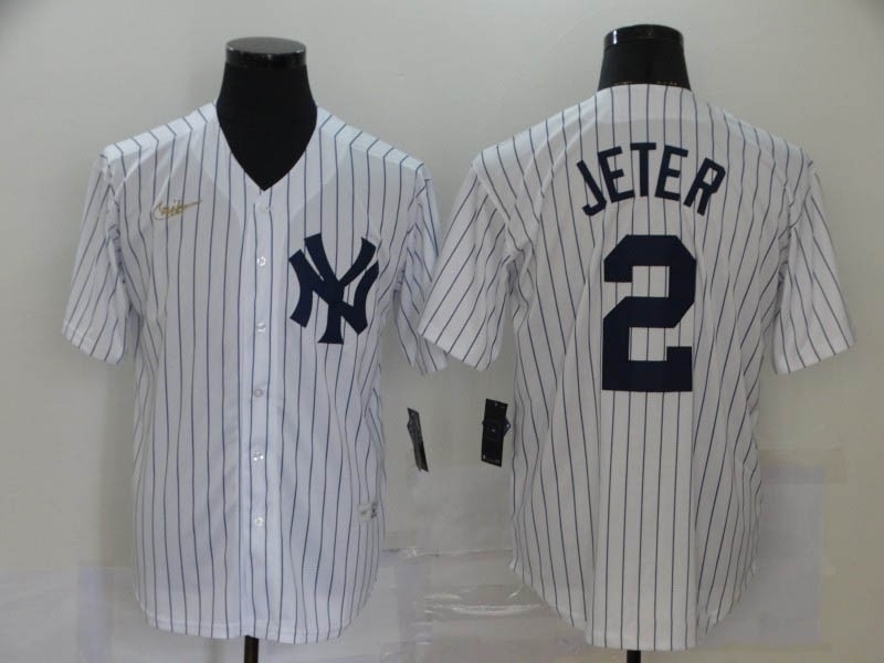 MLB New York Yankees #2 Derek Jeter White Nike Gold Cool base Jersey