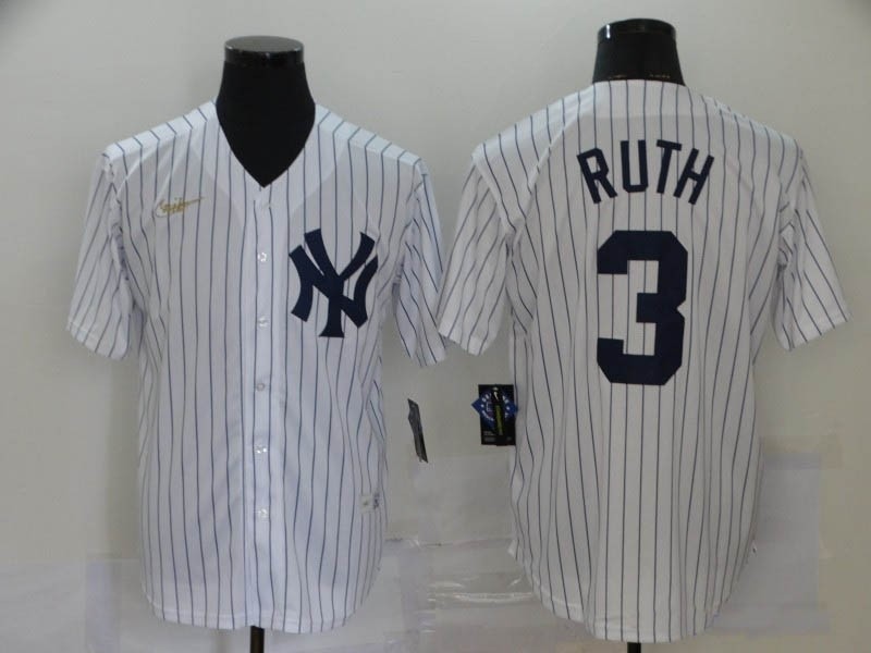 MLB New York Yankees #3 Babe Ruth White Nike Gold Cool base Jersey