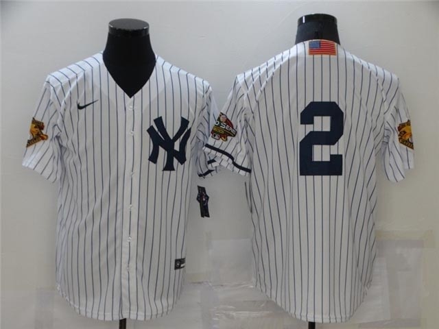 New York Yankees #2 Derek Jeter White Vintage 2001 World Series Patch and 100 Seasons American League Patch Jersey