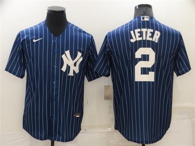 New York Yankees #2 Derek Jeter Blue Pinstripe Cool Base Jersey