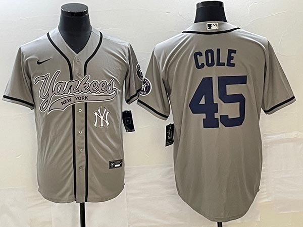 Men's New York Yankees #45 Gerrit Cole Gray With Patch Cool Base Stitched Baseball Jersey