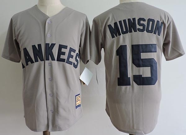 Men's Throwback New York Yankees #15 Thurman Munson Grey Cooperstown Collection Jersey