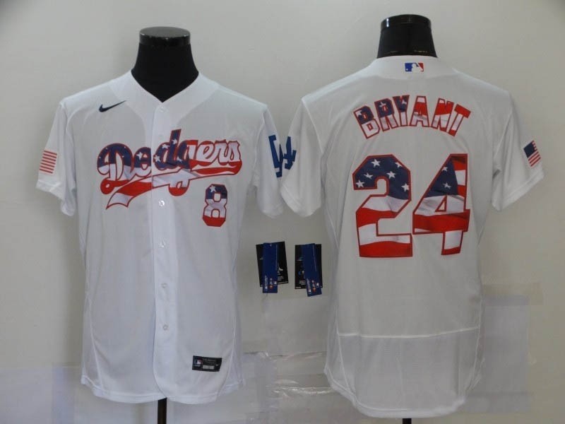 MLB Los Angeles Dodgers #8-24 Kobe Bryant White American Flag Nike Flexbase Jersey