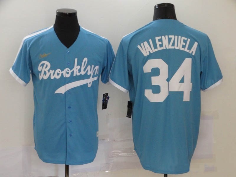 MLB Los Angeles Dodgers #34 Fernando Valenzuela Light Blue Nike Gold Cool Base Jersey