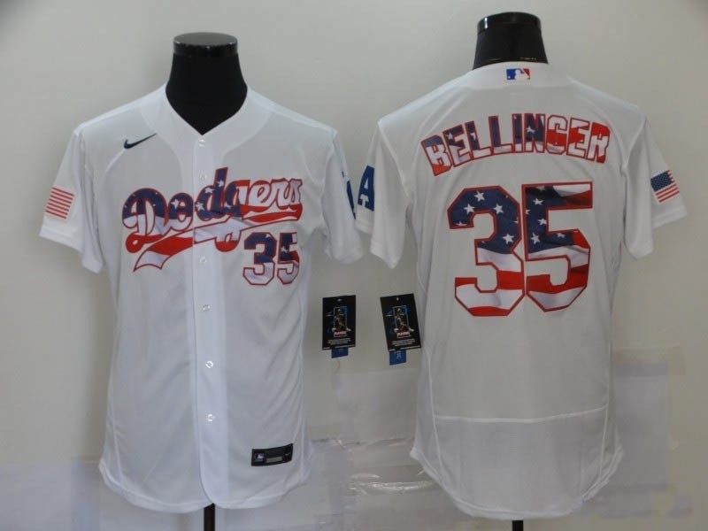 MLB Los Angeles Dodgers #35 Cody Bellinger White American Flag Nike Flexbase Jersey