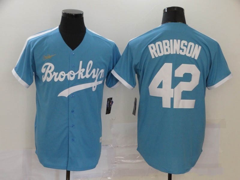 MLB Los Angeles Dodgers #42 Jackie Robinson Light Blue Nike Gold Cool Base Jersey