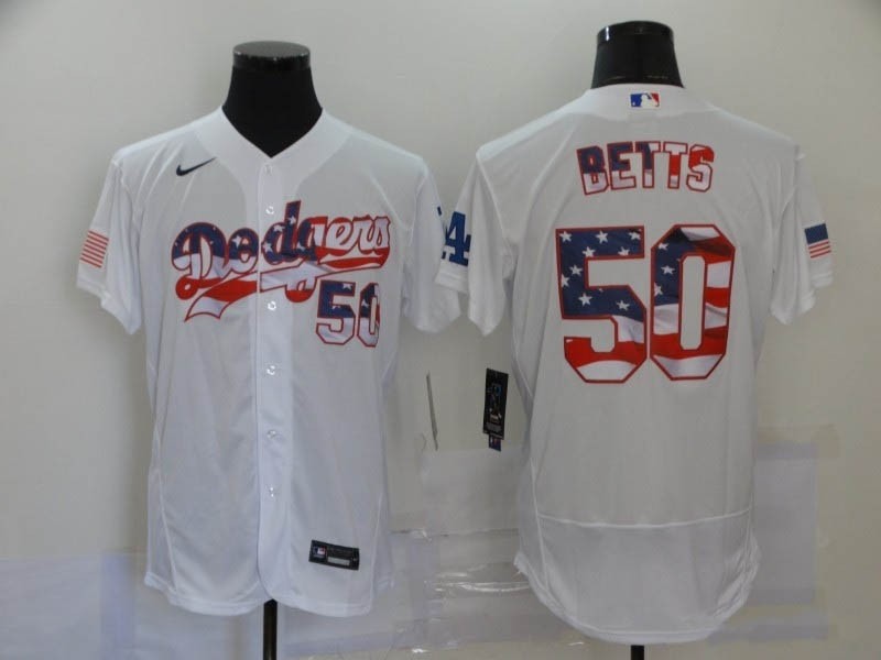 MLB Los Angeles Dodgers #50 Mookie Betts White American Flag Nike Flexbase Jersey