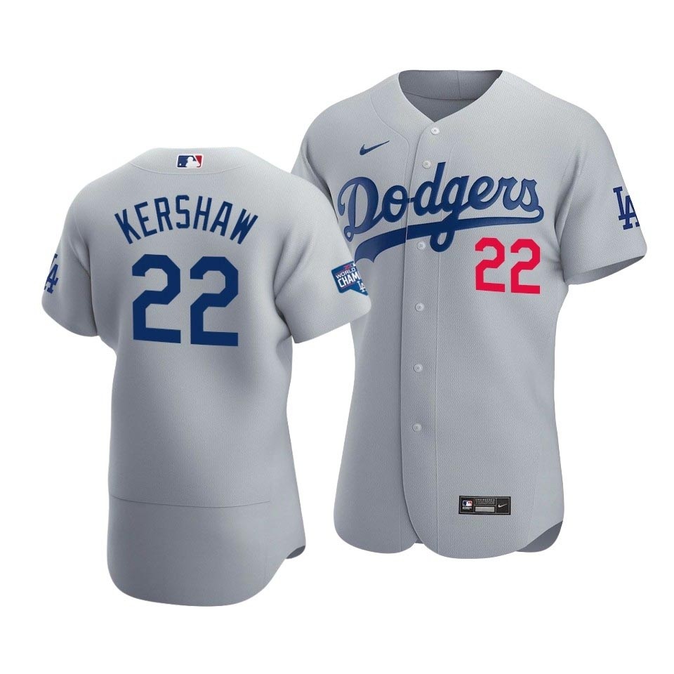 Men's Los Angeles Dodgers #22 Clayton Kershaw Nike Gray Road 2020 World Series Champions Authentic Team MLB Jersey