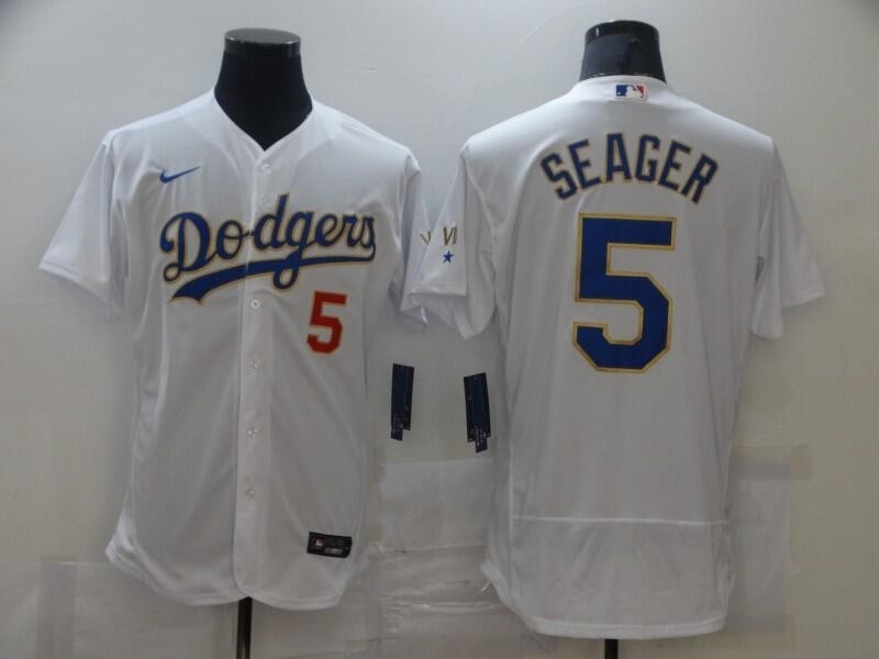 Men's Los Angeles Dodgers #5 Corey Seager White Gold 2021 Gold Program Flexbase Jersey