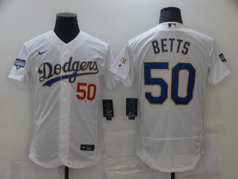 Men's Los Angeles Dodgers #50 Mookie Betts Nike White Gold 2021 Gold Program Flexbase Jersey