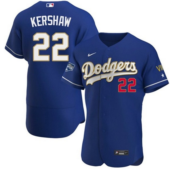 Men's Los Angeles Dodgers #22 Clayton Kershaw Royal Blue Championship 2021 Gold Program FlexBase Sttiched MLB Jersey