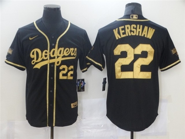 Men's Los Angeles Dodgers #22 Clayton Kershaw Black Gold World Series Champions Cool Base Jersey