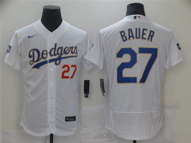 Men's Los Angeles Dodgers #27 Trevor Bauer White 2021 Gold Program Flex Base Jersey