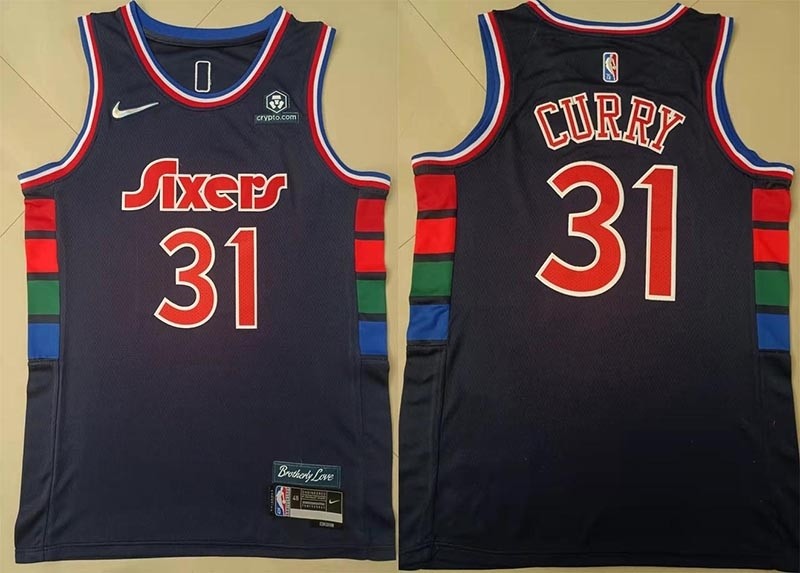 Men's Philadelphia 76ers #31 Seth Curry 2021-22 City Edition Navy 75th Anniversary Swingman Jersey