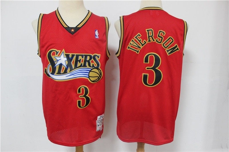 NBA 76ers #3 Allen Iverson Red Hardwood Classics Throwback Mesh Jersey