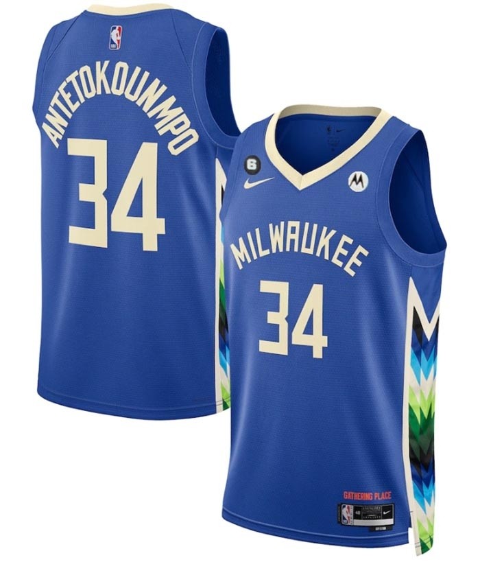 Men's Milwaukee Bucks #34 Giannis Antetokounmpo Blue 2022-23 City Edition With NO.6 Patch Stitched Basketball Jersey