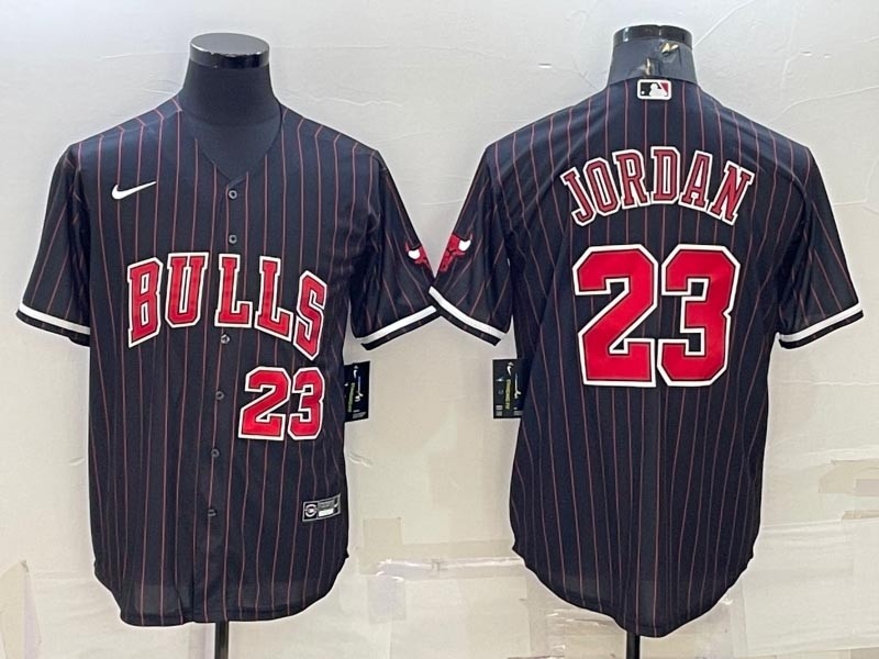 Men's Chicago Bulls #23 Michael Jordan Black Stripe Cool Base Stitched Baseball Jersey