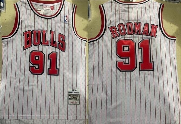 Men's Chicago Bulls #91 Dennis Rodman White Stripe Stitched Jersey