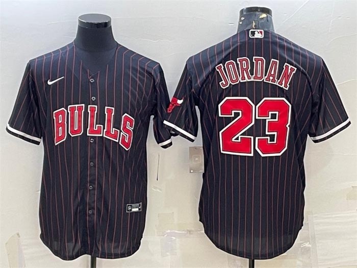 Men's Chicago Bulls #23 Michael Jordan Black Stripe Cool Base Stitched Baseball Jersey