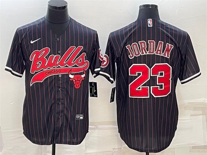 Men's Chicago Bulls #23 Michael Jordan Black Stripe With Patch Cool Base Stitched Baseball Jersey