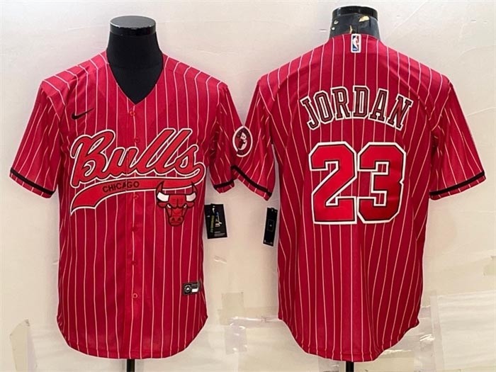 Men's Chicago Bulls #23 Michael Jordan Red Stripe Cool Base Stitched Baseball Jersey