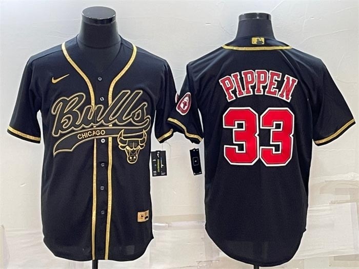 Men's Chicago Bulls #33 Scottie Pippen Black Gold With Patch Cool Base Stitched Baseball Jersey