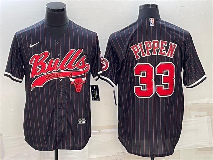 Men's Chicago Bulls #33 Scottie Pippen Black Stripe With Patch Cool Base Stitched Baseball Jersey