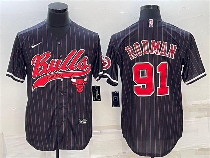 Men's Chicago Bulls #91 Dennis Rodman Black Stripe Cool Base Stitched Baseball Jersey