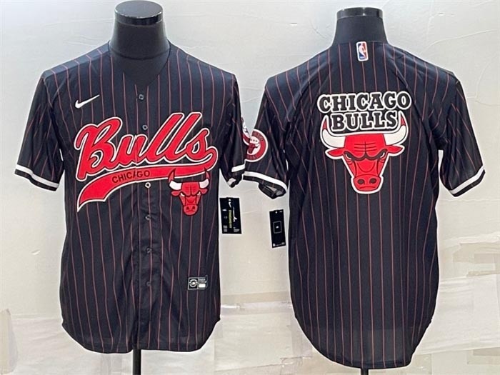 Men's Chicago Bulls Black Stripe Team Big Logo Cool Base Stitched Baseball Jersey