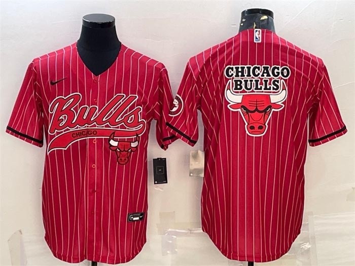 Men's Chicago Bulls Red Stripe Team Big Logo Cool Base Stitched Baseball Jersey