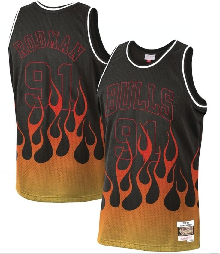 NBA Bulls #91 Dennis Rodman Black 1997-98 Hardwood Classics Flames Swingman Jersey