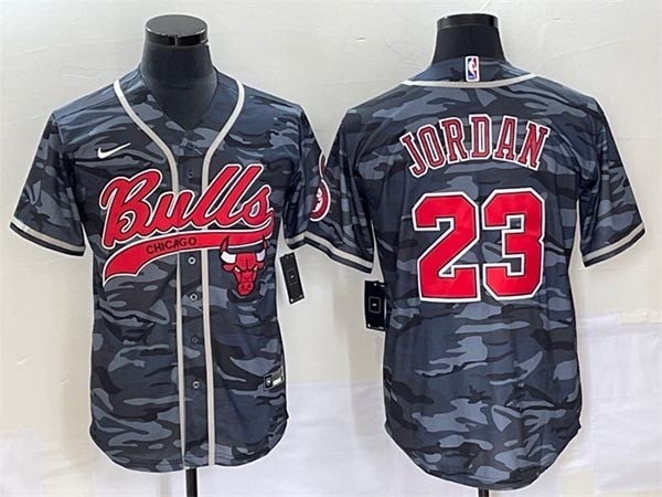 Men's Chicago Bulls #23 Michael Jordan Gray Camo Cool Base Stitched Baseball Jersey