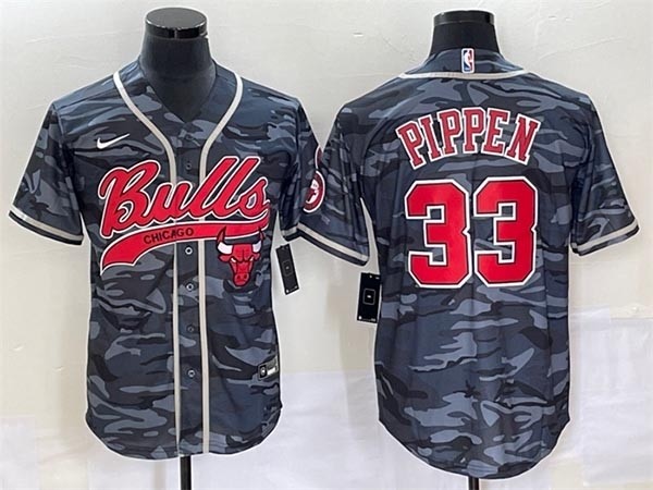 Men's Chicago Bulls #33 Scottie Pippen Gray Camo Cool Base Stitched Baseball Jersey