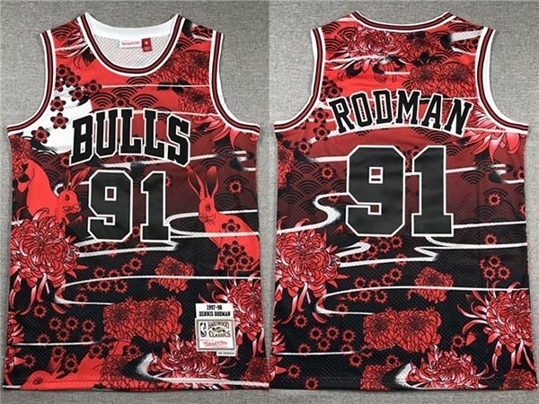 Men's Chicago Bulls #91 Dennis Rodman Year Of the Rabbit Red Hardwood Classics Jersey