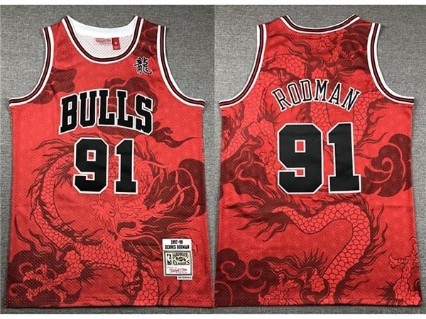 Men's Chicago Bulls #91 Dennis Rodman Year of the Dragon Red Hardwood Classics Jersey